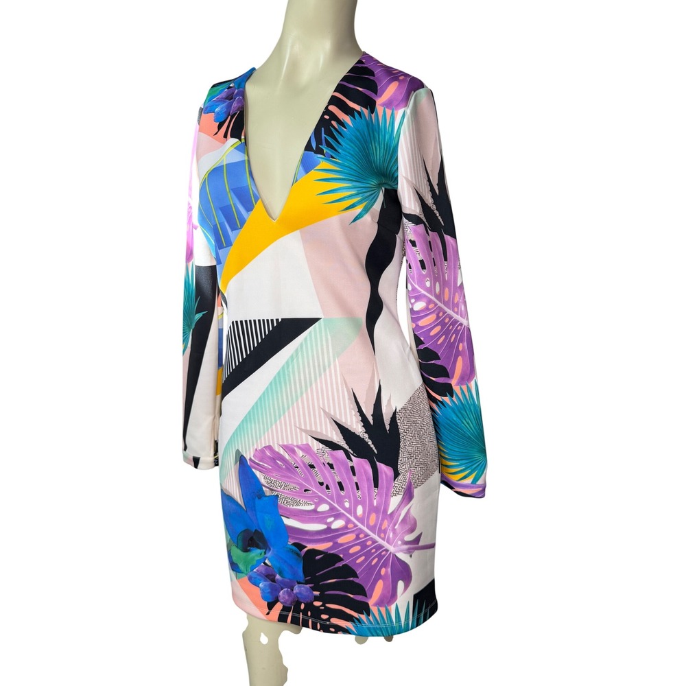 Tropical Geometric Sheath Dress Long‎ Sleeve Floral Botanical Mini Multicolor